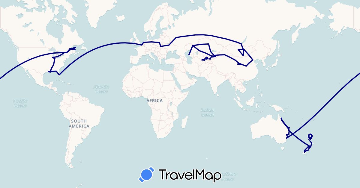 TravelMap itinerary: driving in Australia, Canada, China, Germany, France, Kyrgyzstan, Kazakhstan, Mongolia, Netherlands, New Zealand, Poland, Russia, Ukraine, United States, Uzbekistan (Asia, Europe, North America, Oceania)